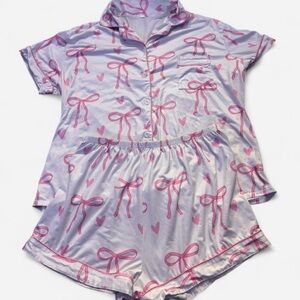Pink Bow Print Pajama Set - Short Sleeve Top & Shorts